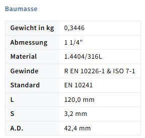 Ferramenta: Rohrdoppelnippel 1 1/4" x 120mm – Nuovo e nell'imballaggio originale da Amriswil venduto da SwissFittings 1