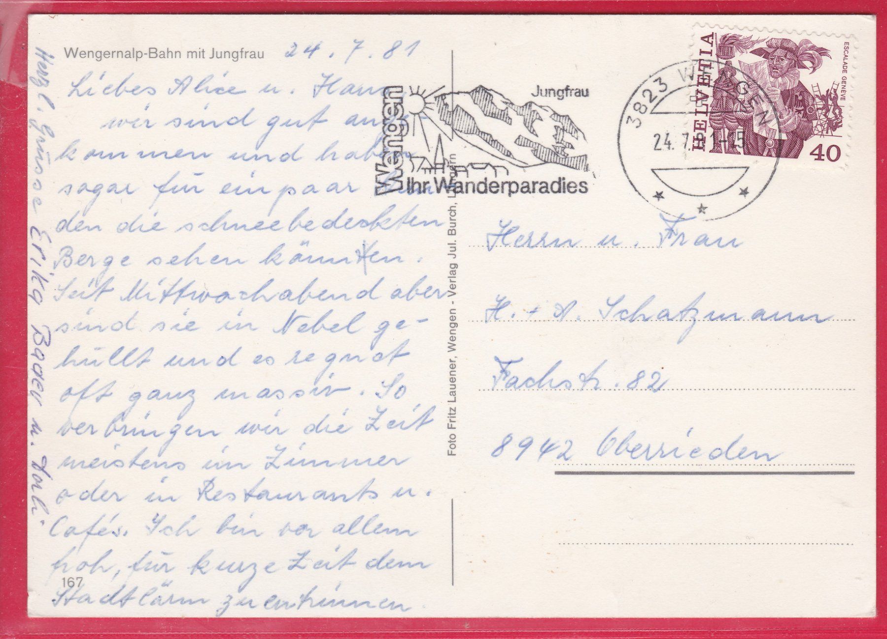 Cartoline postali: WENGERNALP-BAHN MIT JUNGFRAU, 24.7.1981 – Usato da Oberrieden venduto da Gebirgsstelze 1