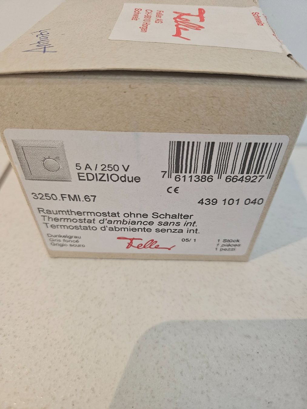 Feller Schalter: Raumthermostat EDIZIOdue 3250.FMI.67 – Neu und originalverpackt aus Oftringen von Mrg3