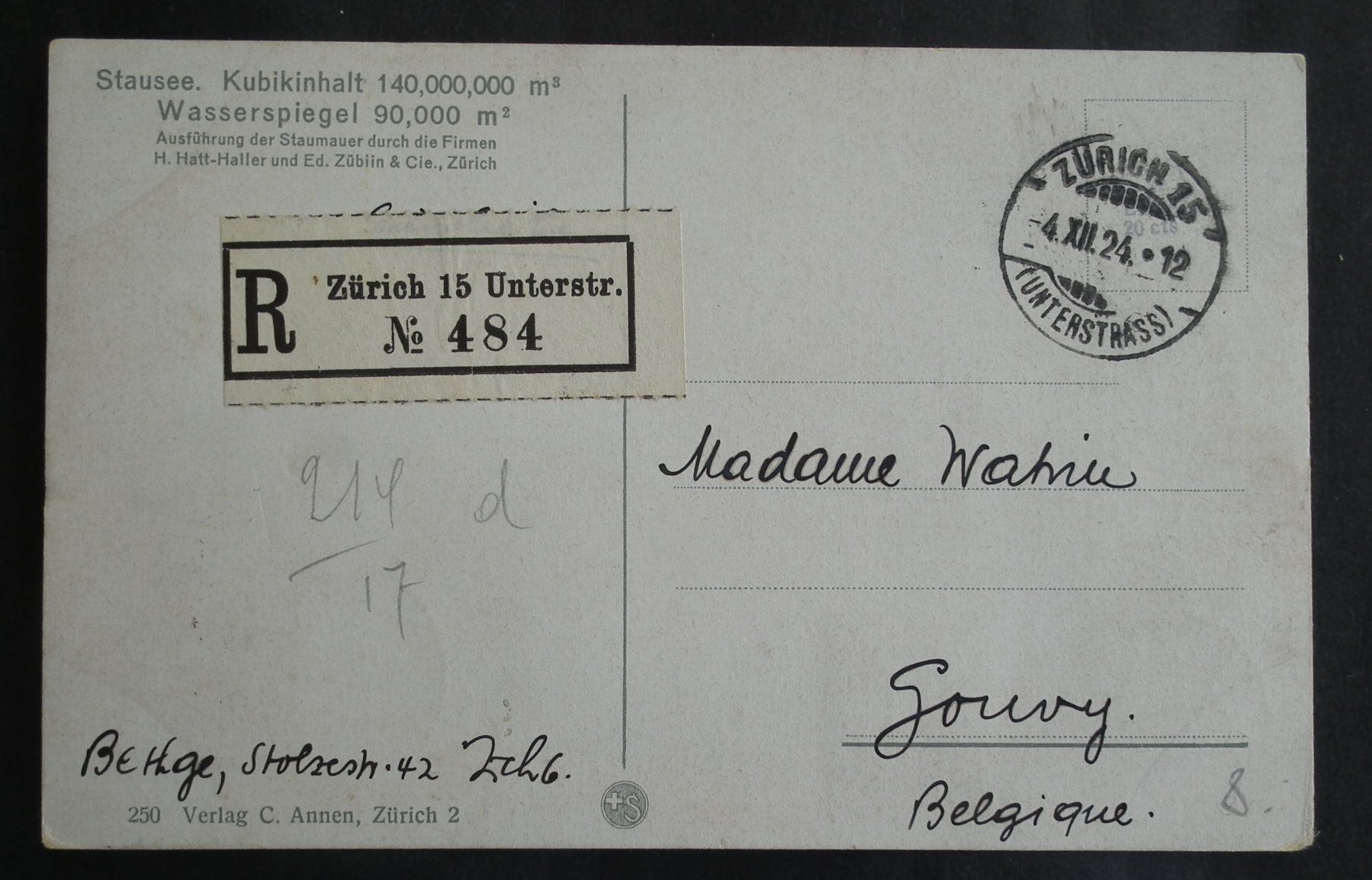 Cartoline postali: 1924  R-Post Ansichtskarte Stausee Wäggital  Pro Juventute – Usato da Kriens venduto da WULLU99 1