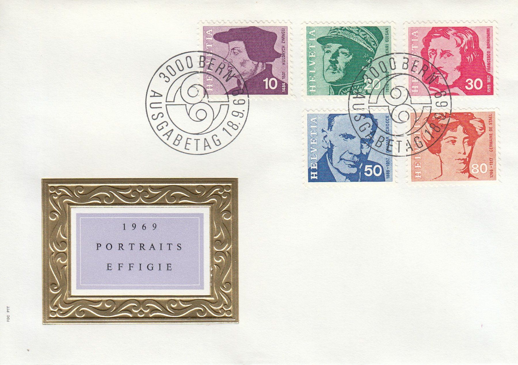 Tutti i francobolli: 1969 Portraitmarken FDC Zwingli General Guisan Borromoni++ – Usato da Spreitenbach venduto da Mustang_1105