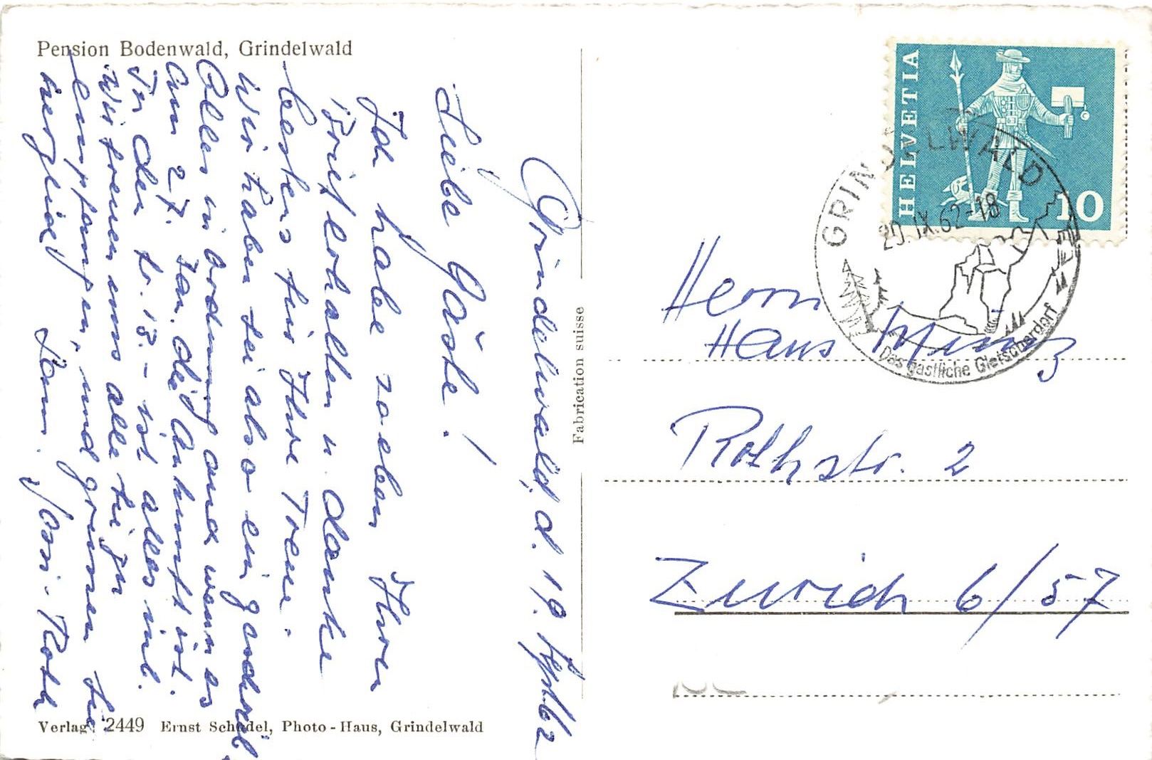 Cartoline postali: Grindelwald BE Pension Bodenwald mit Berg – Usato da Biasca venduto da Blenio71 1