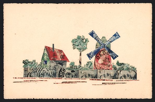 Ansichtskarten: Briefmarkencollage in Form einer Dorfsze – Gebraucht aus Berlin von bartko-reher