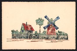 Briefmarkencollage in Form einer Dorfsze