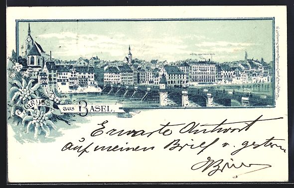 Cartoline postali: Litho Basel, Ortsansicht mit Hotel des T – Usato da Berlin venduto da bartko-reher