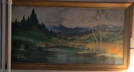 Gemälde Landschaft mit Wald und See gebraucht