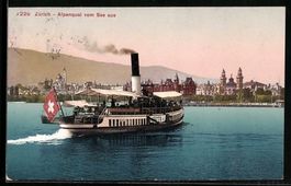 Zürich, Binnenschiff Speer vorm Alpenqu