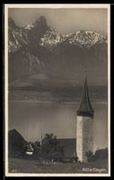 AK Hilterfingen, Kirchturm am See, Bergpanorama