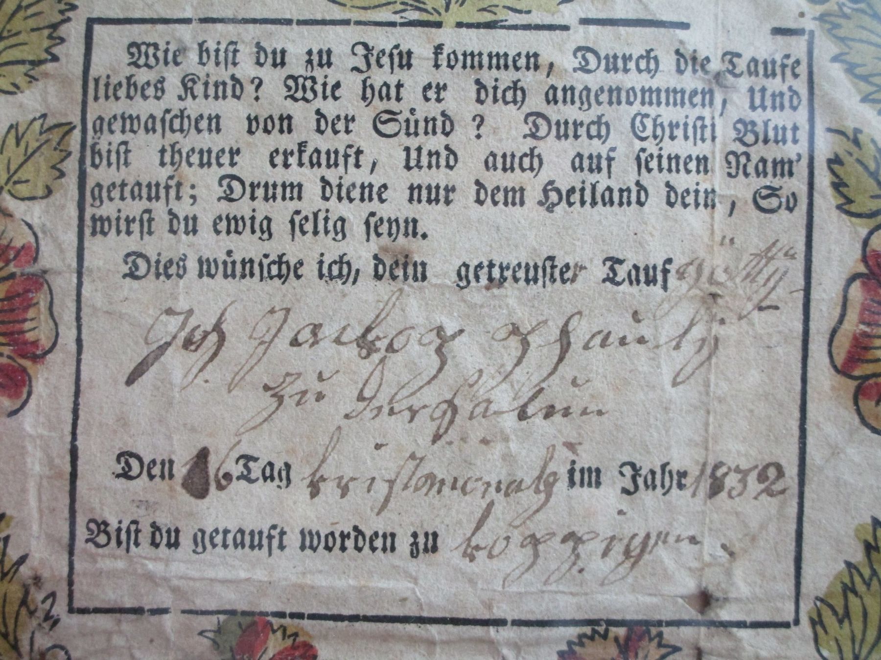 Dokumente: Antiker Tauf-Zedel 1832 – Gebraucht aus Heimberg von Lupo57 2