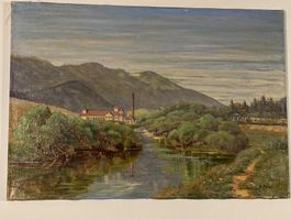 Al. Borel Landschaftsgemälde signiert mit Fabrik am Fluss