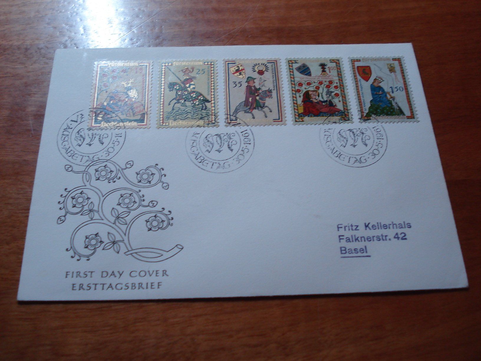 Alle Briefmarken: FDC Liechtenstein 1961, Satz Minnesänger – Gebraucht aus Niederwil AG von morostahu