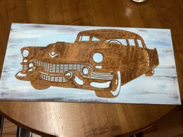 Kunstbild Edelrost Cadillac auf Holz für Oldtimer Fans