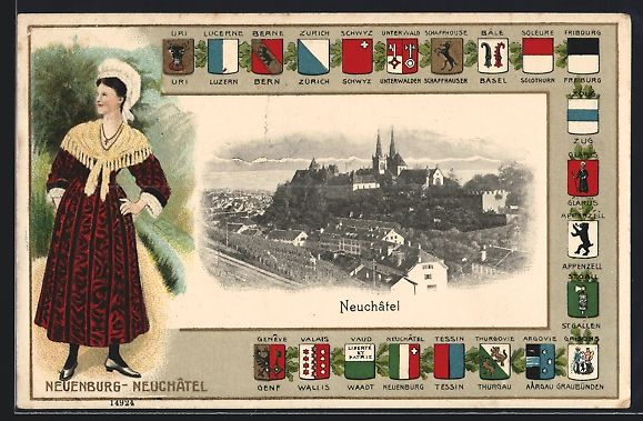 Cartes postales: Neuchâtel, Teilansicht mit Kirche, Frau – D'occasion à Berlin par bartko-reher