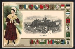 Neuchâtel, Teilansicht mit Kirche, Frau