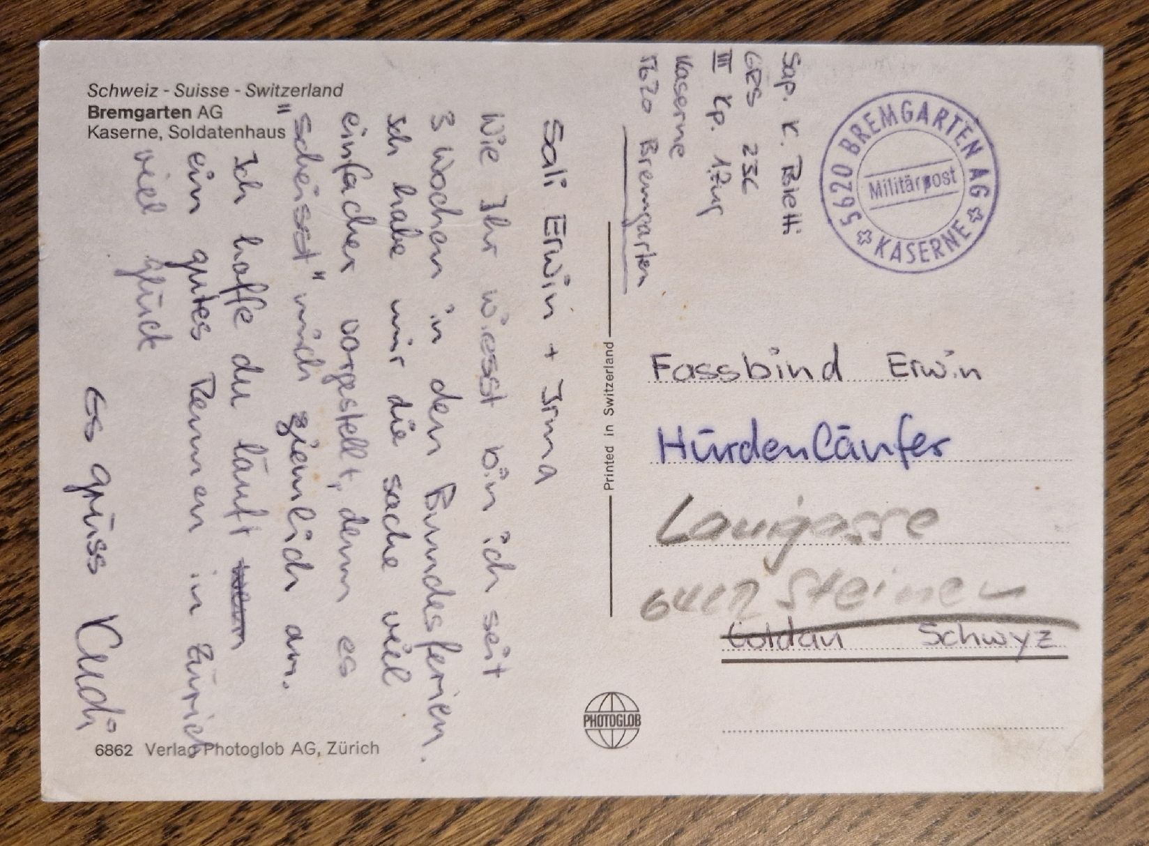 Cartoline postali: Kaserne Bremgarten, a. Erwin Fassbind, Steinen, Feldpost – Usato da Ebikon venduto da Donar50 1