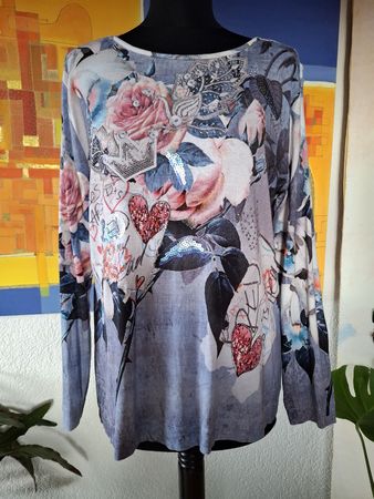 Shirt L tunika Rosen Pailletten Strass Jeansblau tann