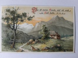 Alte Postkarte, Berge, Haus, Spruch, 1904, CH-Motiv,