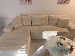 Ecksofa Beige Stoff Cord mit Kissen sehr gutem Zustand