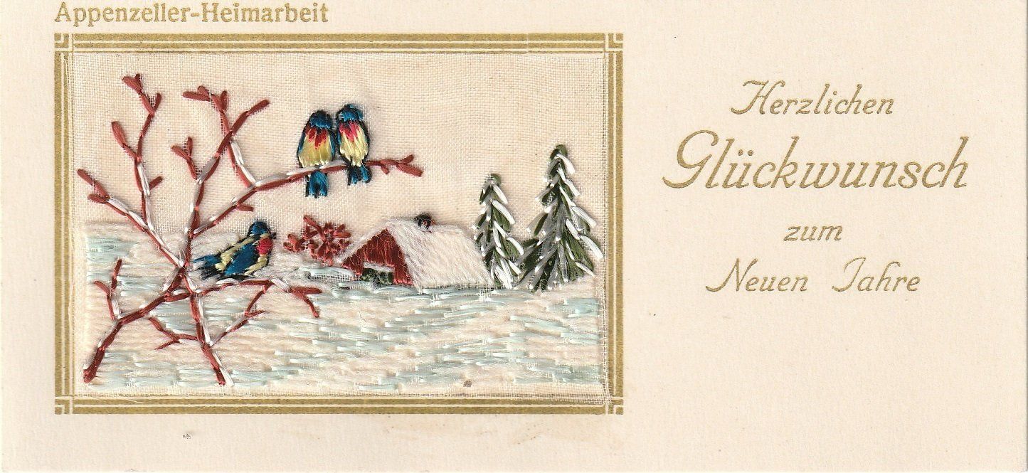 Cartoline postali: Appenzeller Heimarbeit. Gesticktes Neujahrskärtchen – Usato da Bronschhofen venduto da Astore