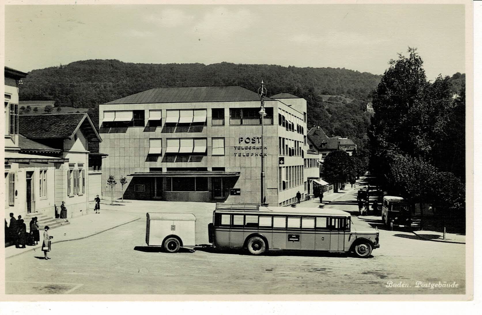 Cartoline postali: Postgebäude BADEN mit Postauto AG gel. 1931! – Usato da Hergiswil NW venduto da Kartenfrau