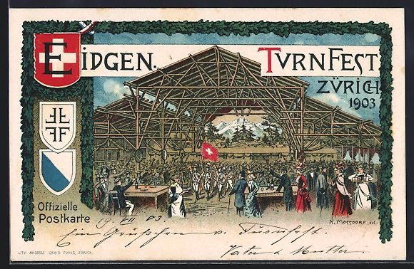 Cartoline postali: Zürich, Eidgen. Turnfest 1903, Festhall – Usato da Berlin venduto da bartko-reher