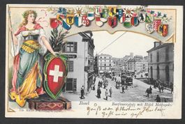 Basel Barfüsserplatz mit Hôtel Metropol Prägekarte Helvetia