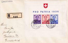 1936 Pro Patria, Wehranleihe-Block Nr. W8 auf R-Brief LUZERN