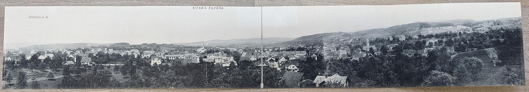 Cartoline postali: Klapp-AK Affoltern a. A., Panoramablick  – Usato da Berlin venduto da bartko-reher