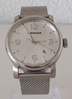 WENGER HERRENUHR, STAHL, MILNAISEBAND, NEUWERTIG,EXTRA BOX