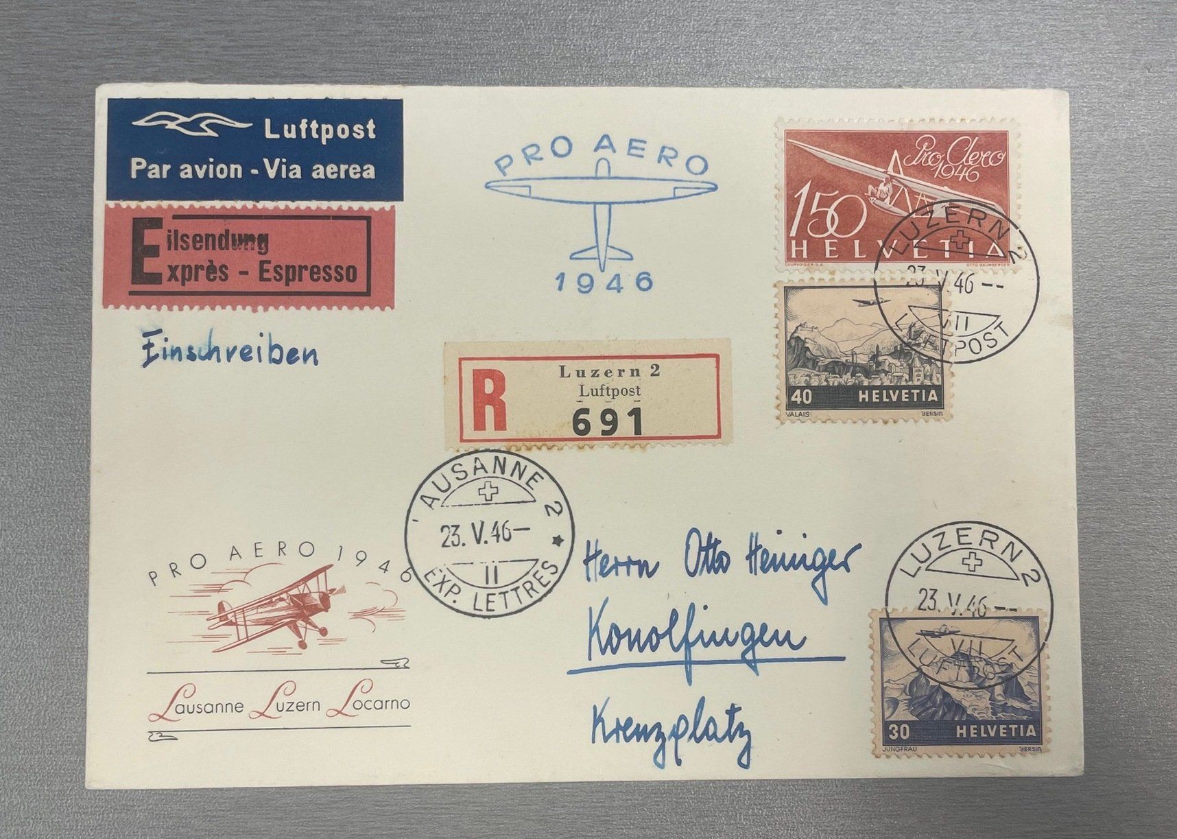 Tutti i francobolli: Pro Aero 1946 eingeschriebener Express Brief – Usato da Sirnach venduto da Melisangi