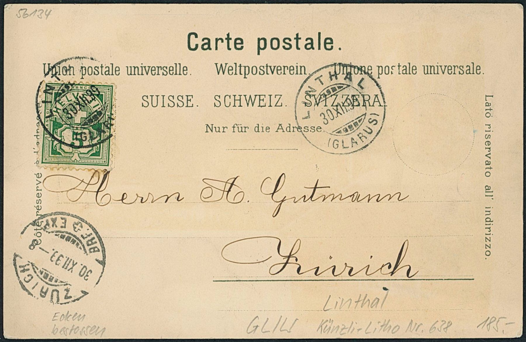 Ansichtskarten: GL Linthal - Litho – Gebraucht aus Schindellegi von stationary 1