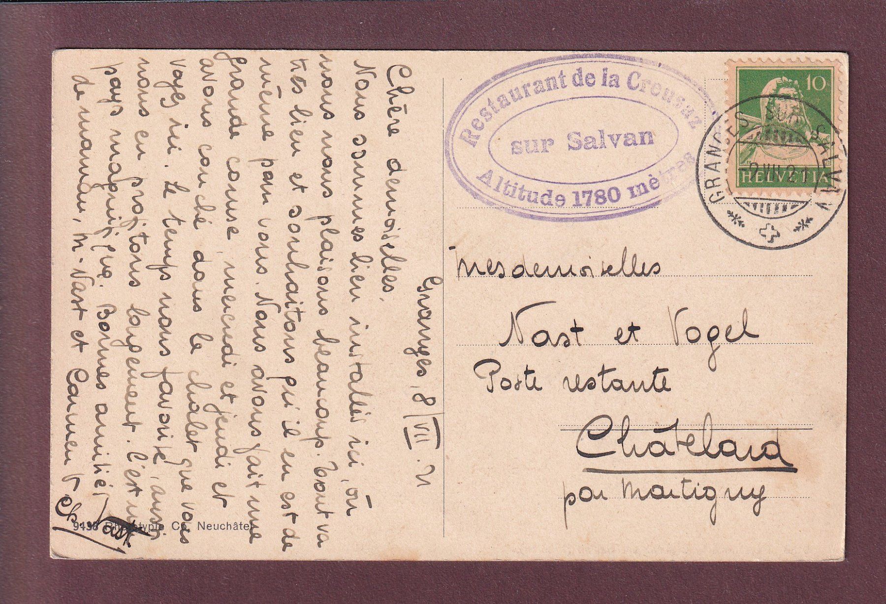 Cartoline postali: LA CREUSAZ sur Salvan - 1921 obl. Restaurant – Usato da Pully venduto da nicecards 1