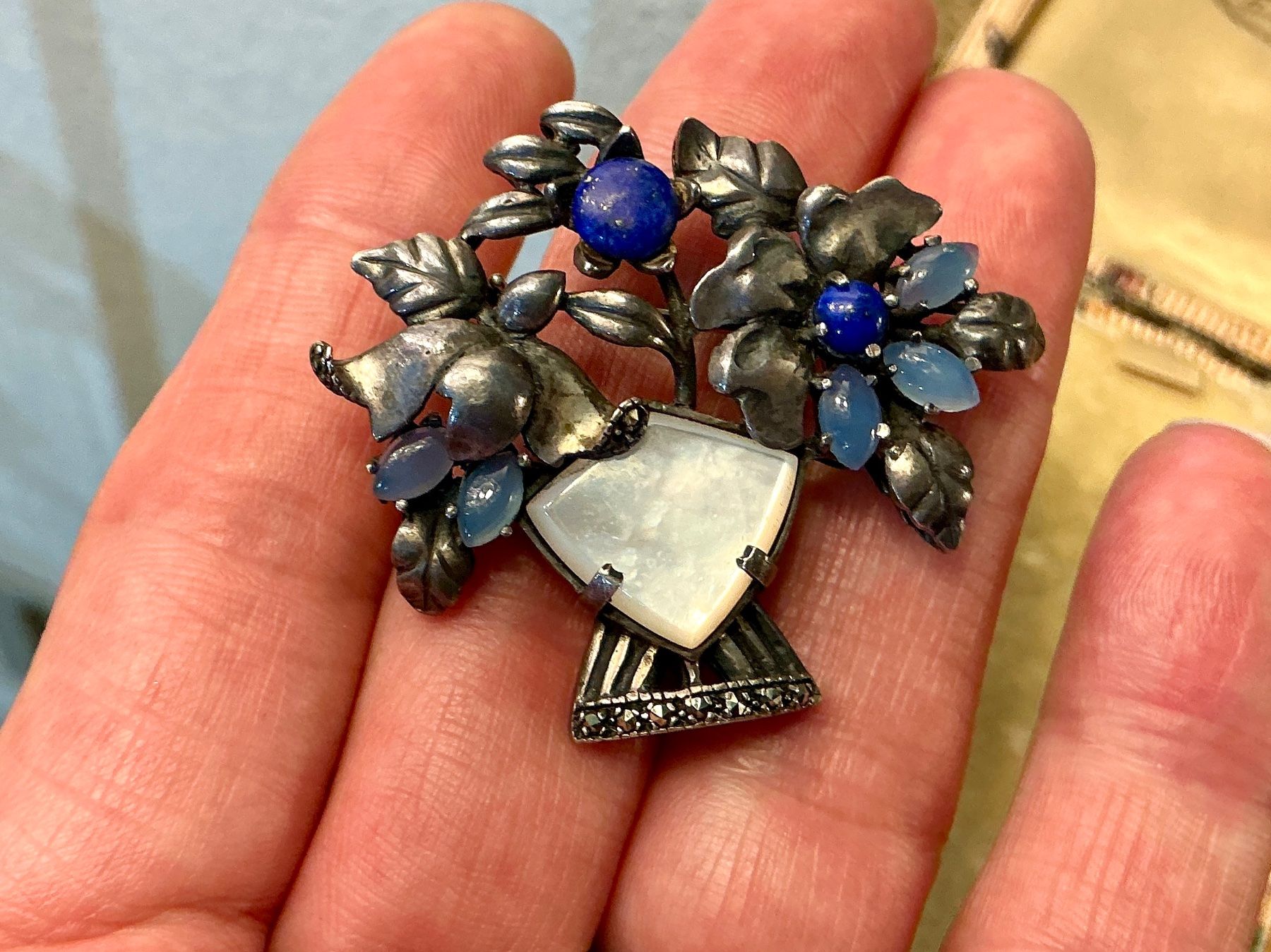 Spille & Fermagli: JUGENDSTIL BROSCHE SILBER 800-ER, LAPIS, AQUA CABOCHON,PERLM – Usato da Biglen venduto da Limarkt 1