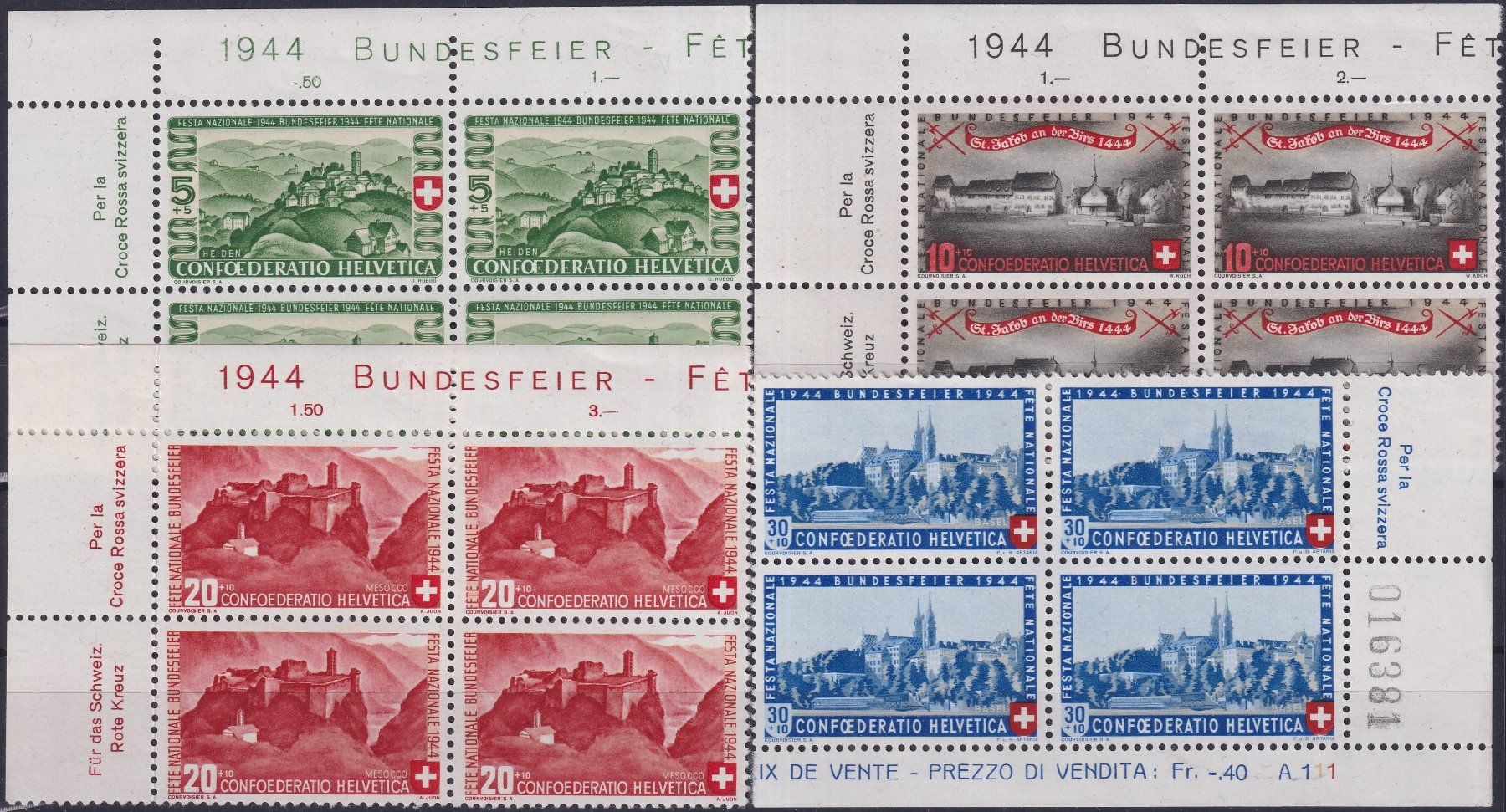Tutti i francobolli: 1944, B22-B25 Viererblöcke postfrisch ** +Ecktabs, Kat: 60.- – Usato da Sursee venduto da Luzernerraute