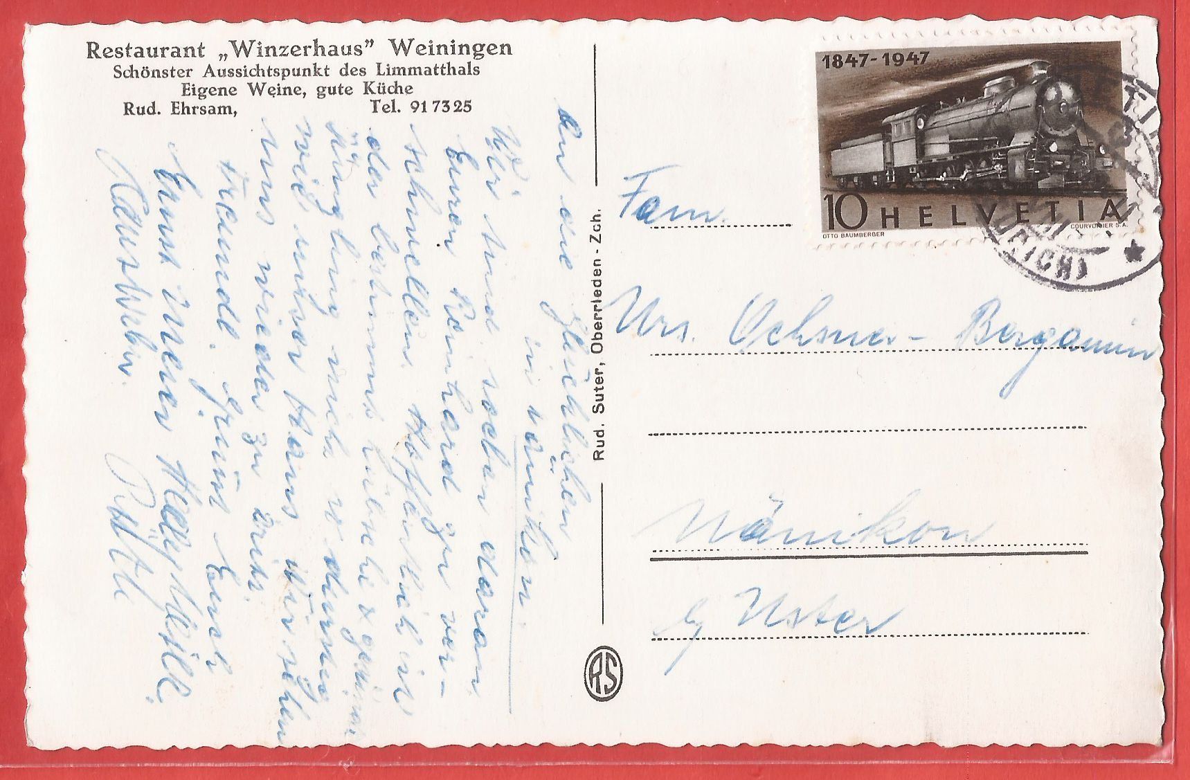Ansichtskarten: Weiningen - Restaurant Winzerhaus - 1947 – Gebraucht aus Fislisbach von Porano 1