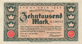Köln 10000 Mark 01.02.1923 Serie J VZ+-VZ++
