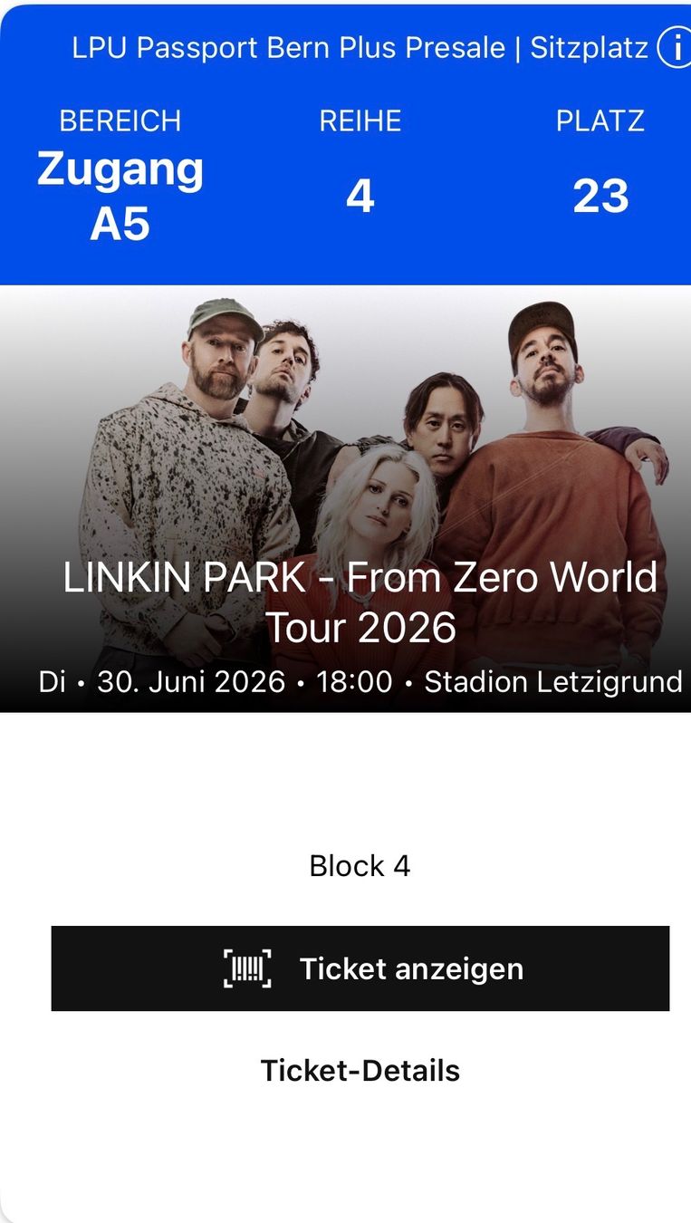 Tickets: 2Tickets Linkin Park - Letzigrund 30.06.2026 Block 4 – Neu und originalverpackt aus Islikon von Butterscotch1 1