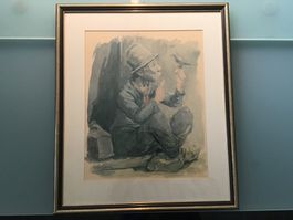 Kunstdruck Clochard mit Vogel von Karl Schenk um 1950
