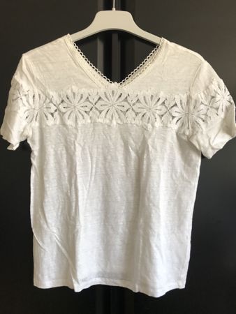 T-shirt en lin et dentelle Sandro Paris, taille 1, blanc
