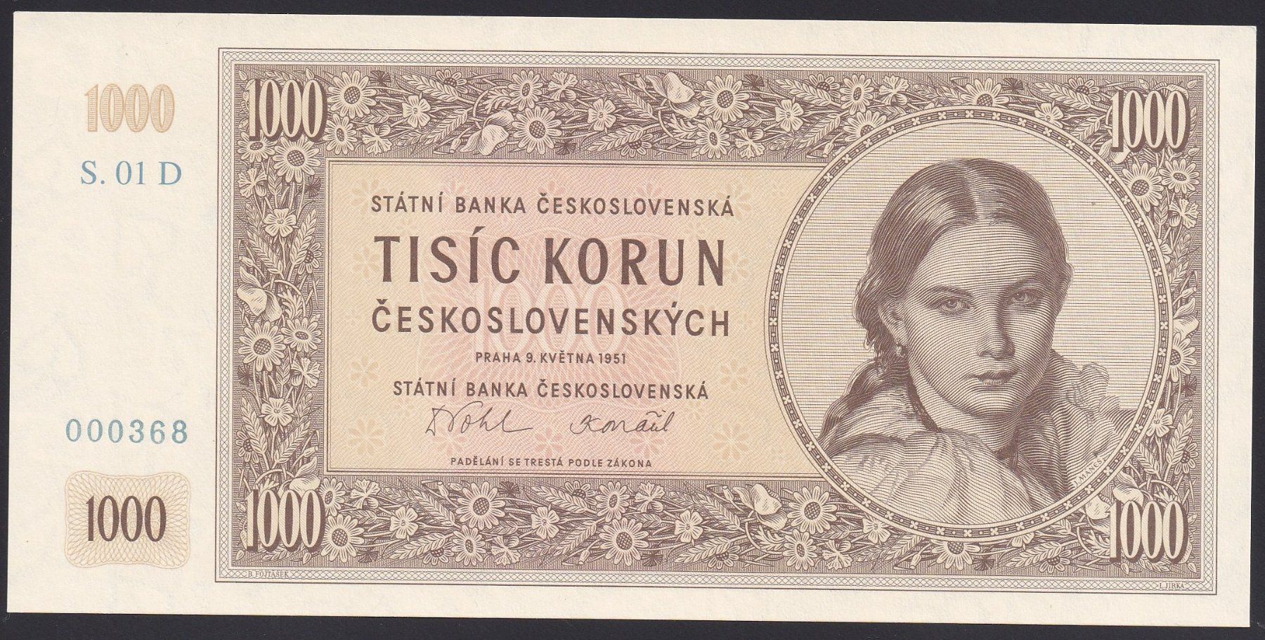 Banknoten: Tschechoslowakei 1000 Korun UNC 1951 – Neu (gemäss Beschreibung) aus Naters von Radman