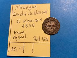 Allemagne : Duché Nassau  6 Kreuzer 1840
