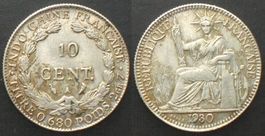 FRANZÖSISCH INDOCHINA 10 Cents 1930 Silber, ERHALTUNG! vz+