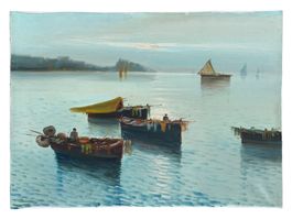 Peinture à l'huile paysage marin avec bateaux