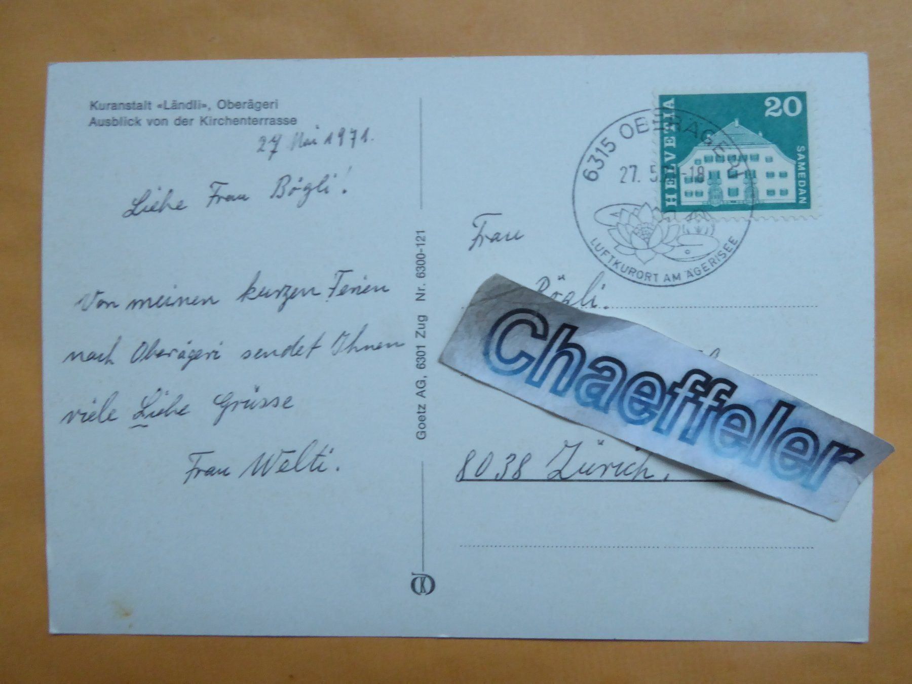 Cartoline postali: 1971  Kuranstalt " Ländli ", Oberägeri – Usato da Zürich venduto da Chaeffeler 1