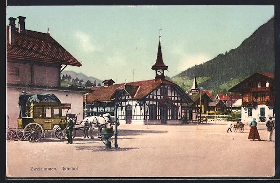 Ansichtskarten: AK Zweisimmen, Postkutsche am Bahnhof – Gebraucht aus Berlin von bartko-reher