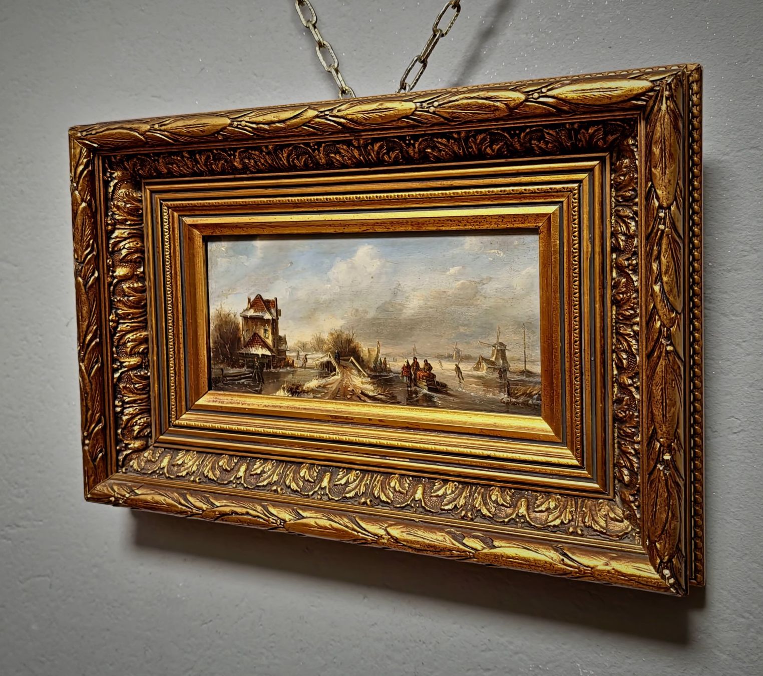 Gemälde: Vintage Winterlandschaft mit Windmühle & Eisläufern, gerahmt – Gebraucht aus Erlinsbach von ZeitlosArt 3