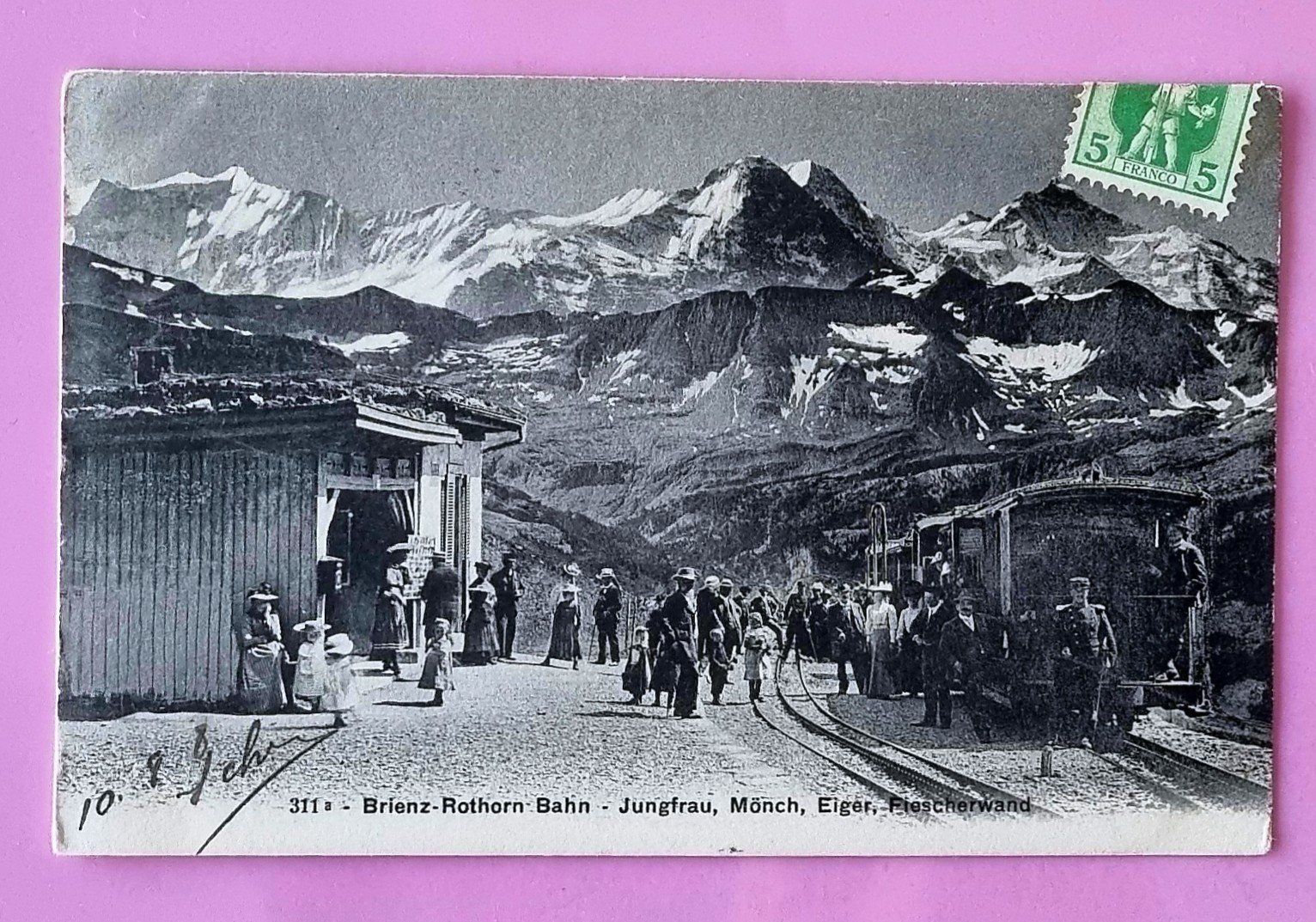 Ansichtskarten: Brienz-Rothorn-Bahn - Station - Jungfrau-Mönch-Eiger - 1908 – Gebraucht aus Rothrist von RROENK