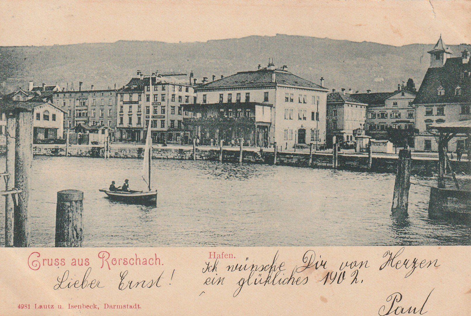 Cartoline postali: Ansichtskarte Rorschach Hafen mit Segelboot ca. 1901 – Usato da Rupperswil venduto da Ema10