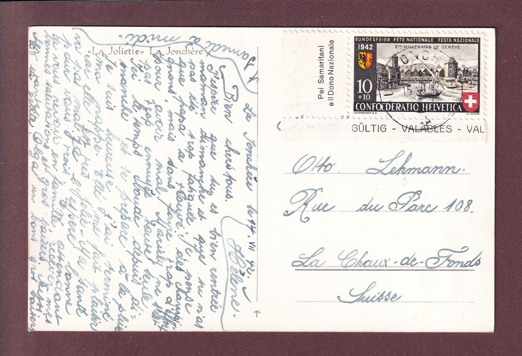Cartoline postali: LA JONCHERE - La Joliette - 1942 – Usato da Pully venduto da nicecards 1