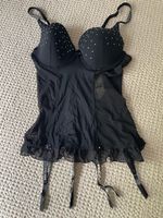 Corsage mit Strasssteinen und Strumpfhaltern schwarz 85C gut